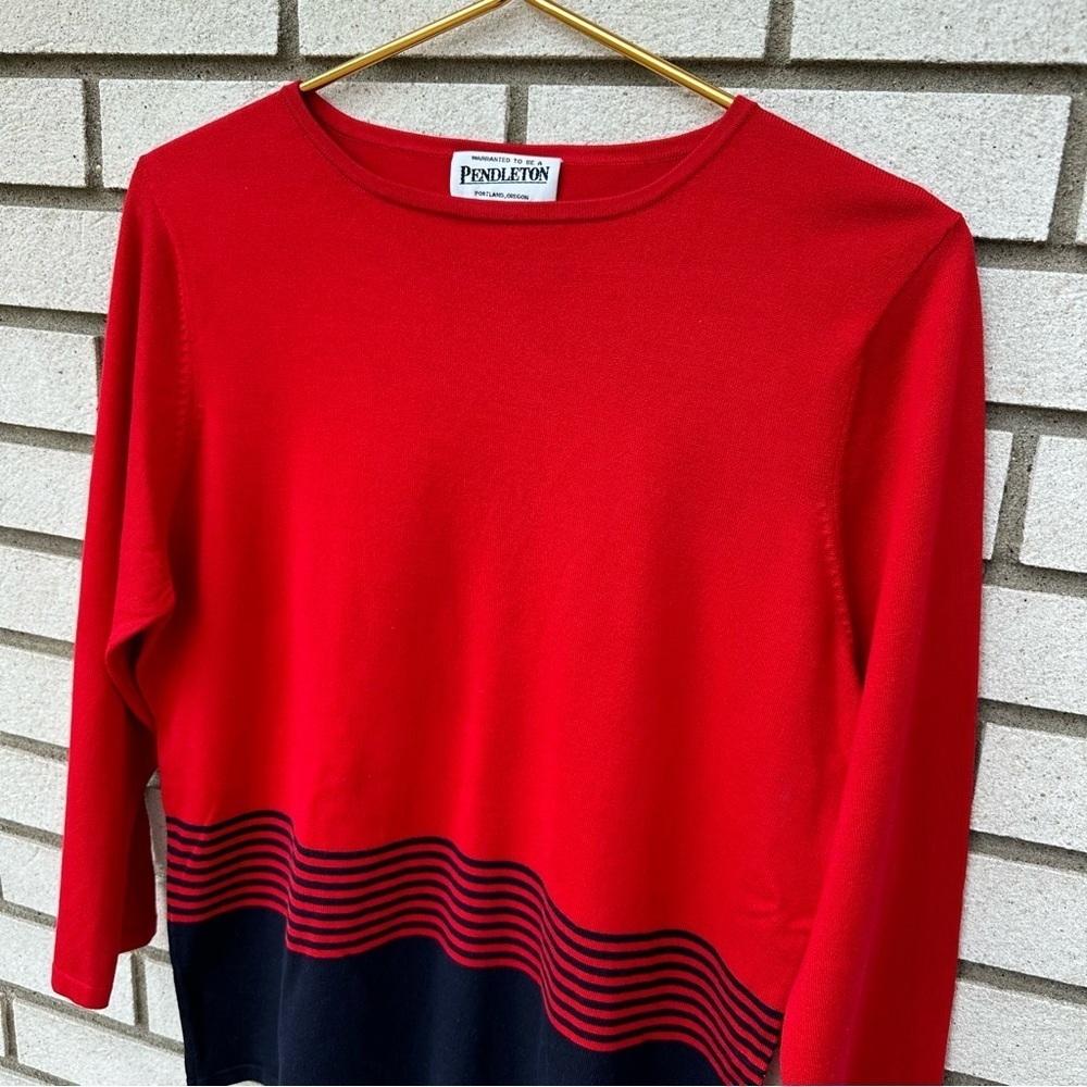 Pendleton Silk Blend Knit Sweater Red Navy Stripe Colorblock Pullover L Heritage - Picture 2 of 8